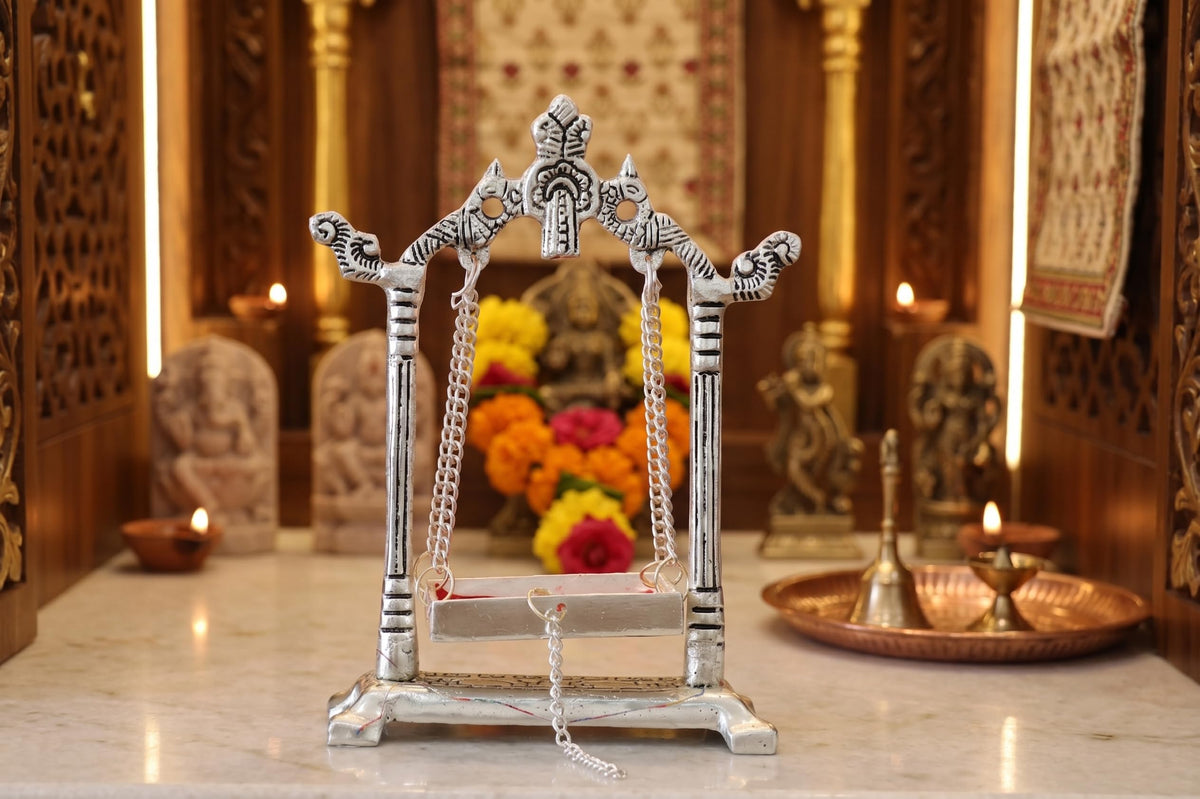 KridayKraft Aluminium Pipe Palna Silver/Laddu Gopal Jhula for Home Decor, Pooja, and Janmashtami.