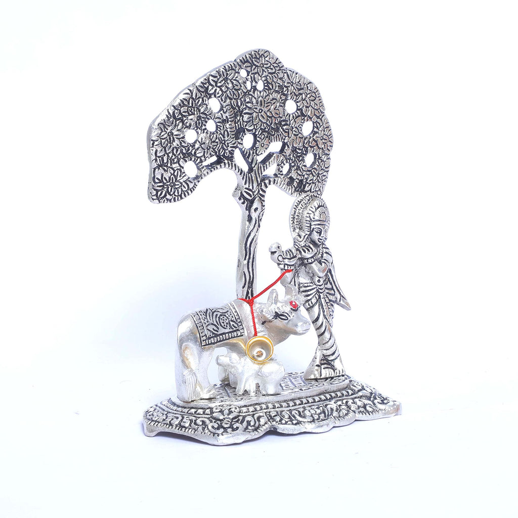 Prince Home Decor & Gifts Aluminum Metal Silver Plating Krishna with Cow Standing Under Tree playing Flute Statue (Silver, 12 x 8 x 17 cm)
