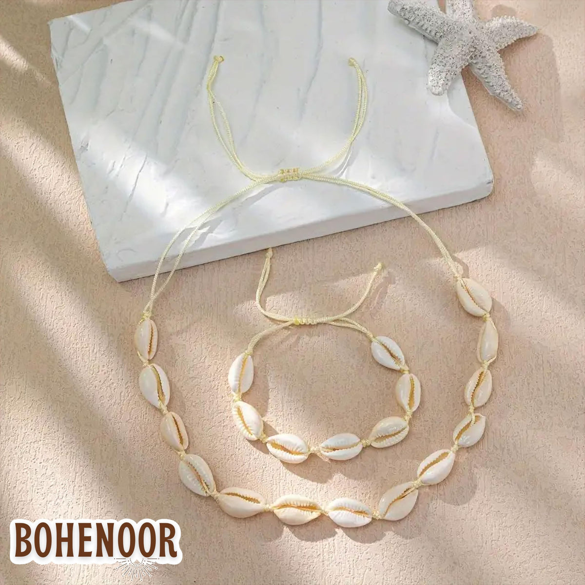 BOHENOOR Cowrie Choker Necklace & Bracelet Set | Handmade Adjustable Beach Jewellery for Women & Girls | Boho Style White Shell Summer Accessories (White)