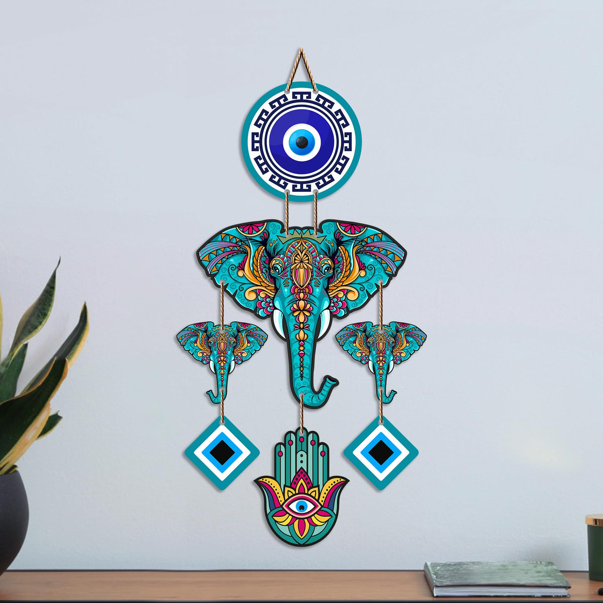 Artvibes Tribal Elephant Evil Eye Wall Hanging for Home Entrance | Nazar Battu MDF Decorative Wall Art | Lucky Vastu Decor for Living Room | Bedroom | Office & Hallway | Housewarming Gift (WH_8548N)