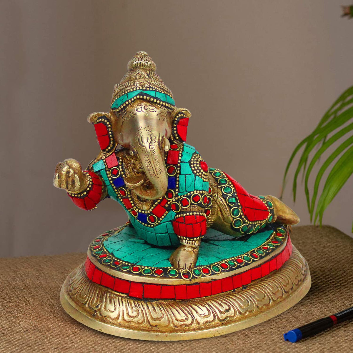 ARTVARKO Baby Ganesha Crawling with laddu Brass with Inlay Handwork.
