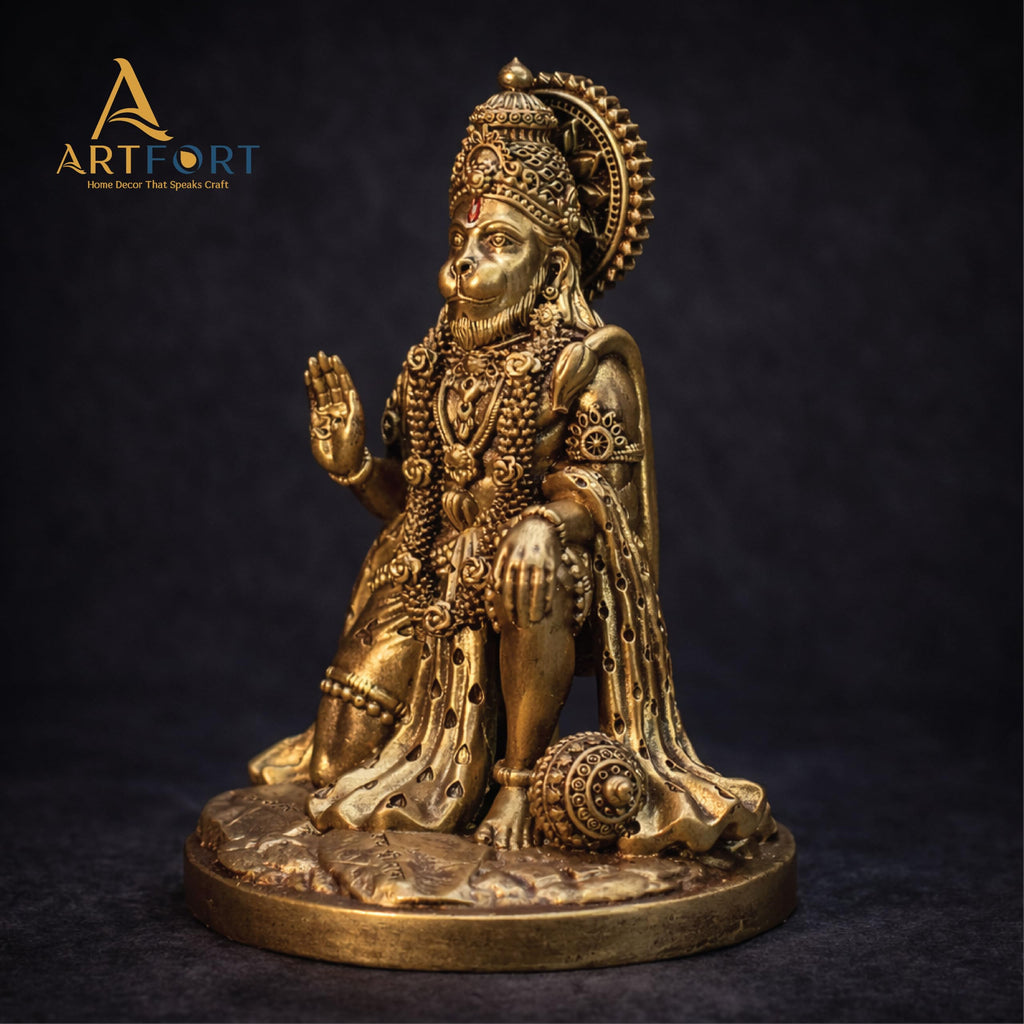 ARTFORT Hanuman Ji Idol 7 Inch Polyresin Statue Antique Golden Finish Bajrangbali Murti for Home Temple Office Desk Car Dashboard Spiritual Decorative Showpiece Gift (Golden)