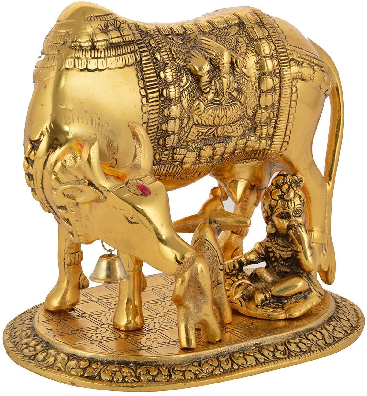Prince Home Decor & Gifts AluminiumHome Decor Metal Kamdhenu Cow with Calf Statue (Gold)