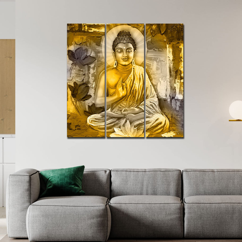 VIBECRAFTS 3 Pieces Meditating Buddha Canvas Wall Painting Fitted With Wooden Frame For Home | Office | Living Room | Gifts (PTVC3Pcs1_9597)