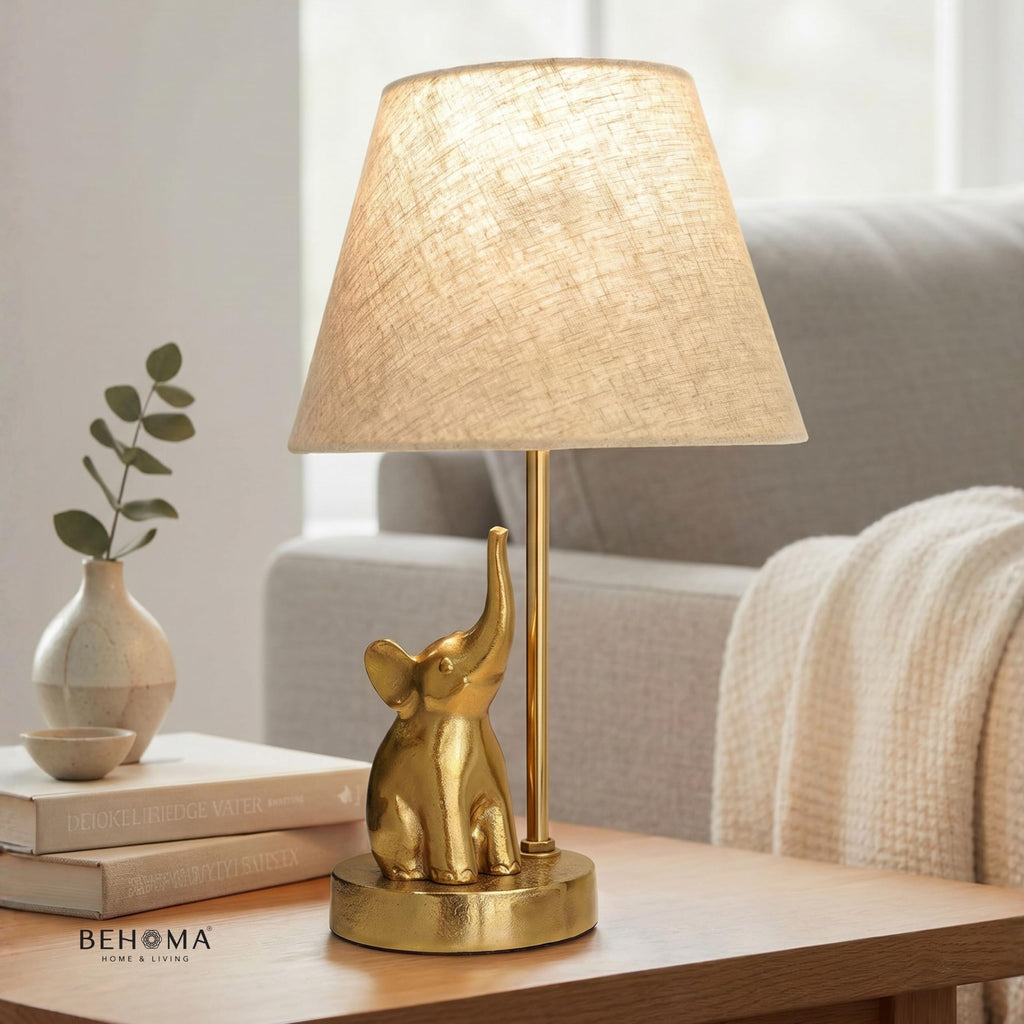 BEHOMA Elephant Table Lamp with Antique Metal Base & Fabric Shade