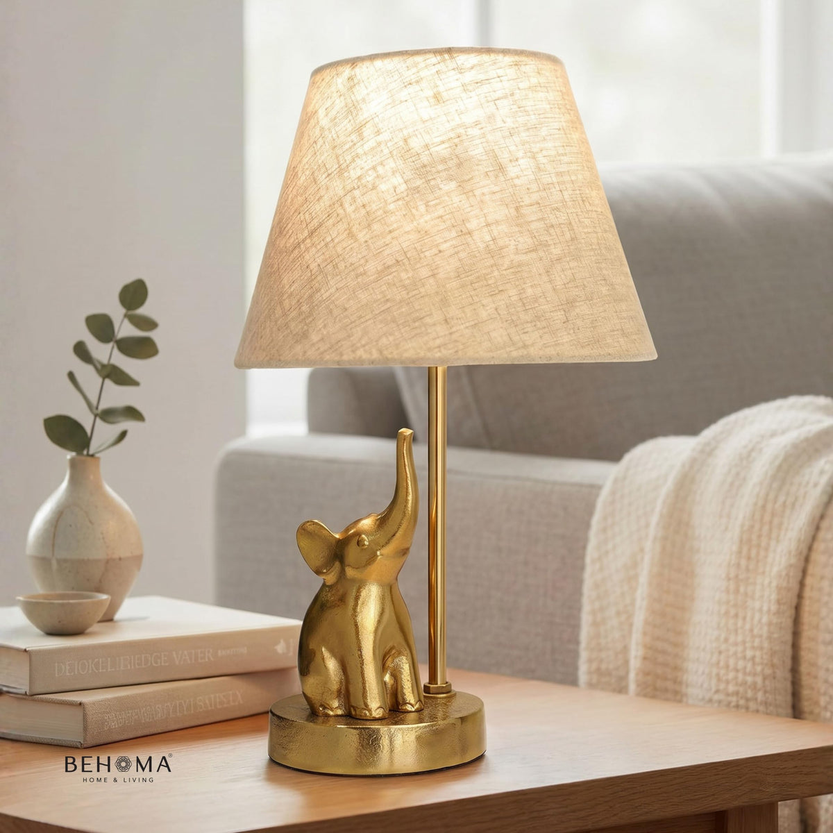 BEHOMA Elephant Table Lamp with Antique Metal Base & Fabric Shade