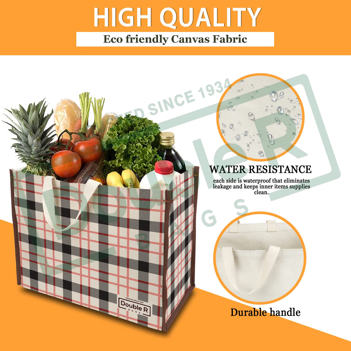 DOUBLE R BAGS Heavy Duty Cotton Canvas Grocery Shopping Bag | Eco-Friendly Cloth Tote for Vegetables, Milk, Fruits & Lunch | 44 x 20 x 33cm | 1 Compartment | Pack of 1 Check Print