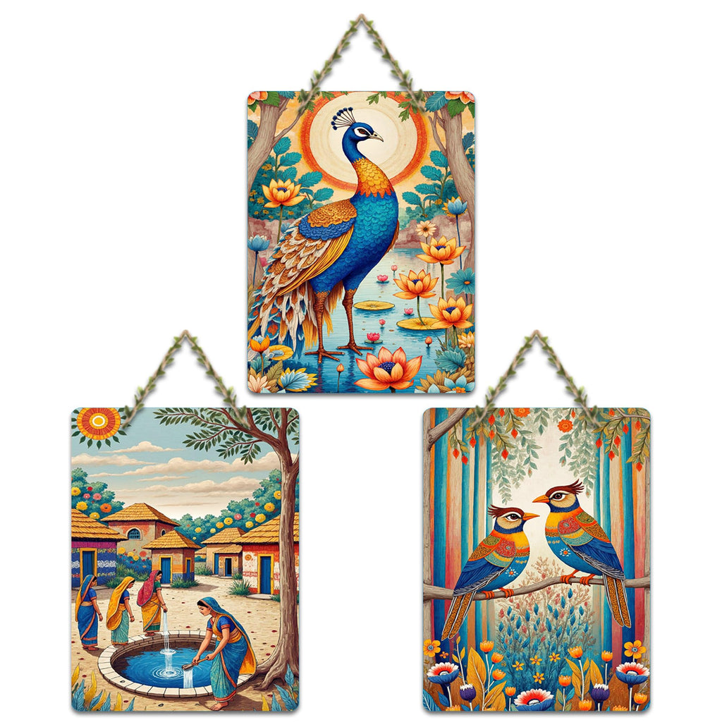 Artvibes Village Life Peacock & Birds Wooden Art Decoration Item for Living Room | Modern Decoration Items| Stylish Modern Decor Item | Trendy Decor | Wall Art Print | Ideal Gift (WH_9688N), Set of 3