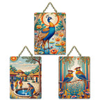 Artvibes Village Life Peacock & Birds Wooden Art Decoration Item for Living Room | Modern Decoration Items| Stylish Modern Decor Item | Trendy Decor | Wall Art Print | Ideal Gift (WH_9688N), Set of 3