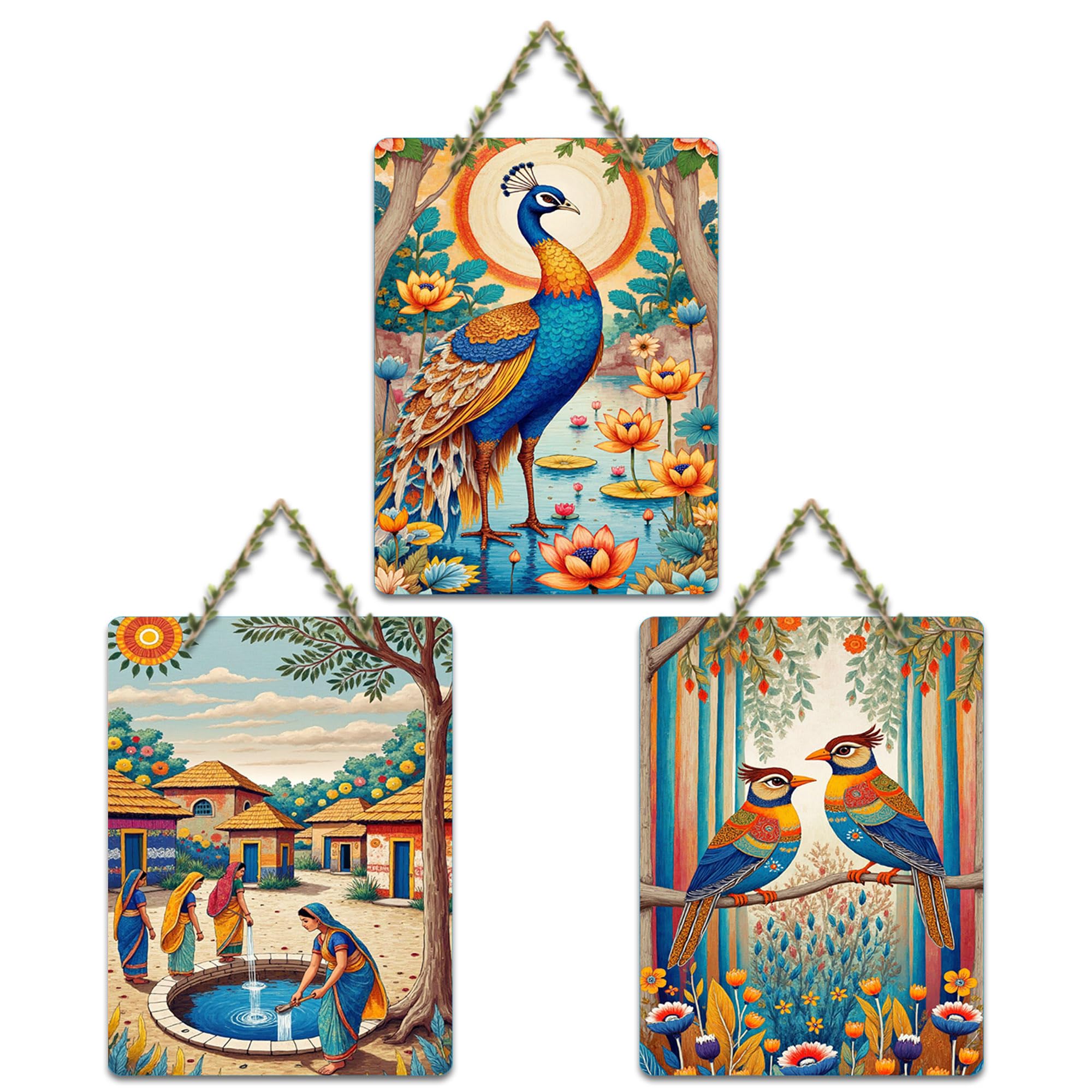 Artvibes Village Life Peacock & Birds Wooden Art Decoration Item for Living Room | Modern Decoration Items| Stylish Modern Decor Item | Trendy Decor | Wall Art Print | Ideal Gift (WH_9688N), Set of 3