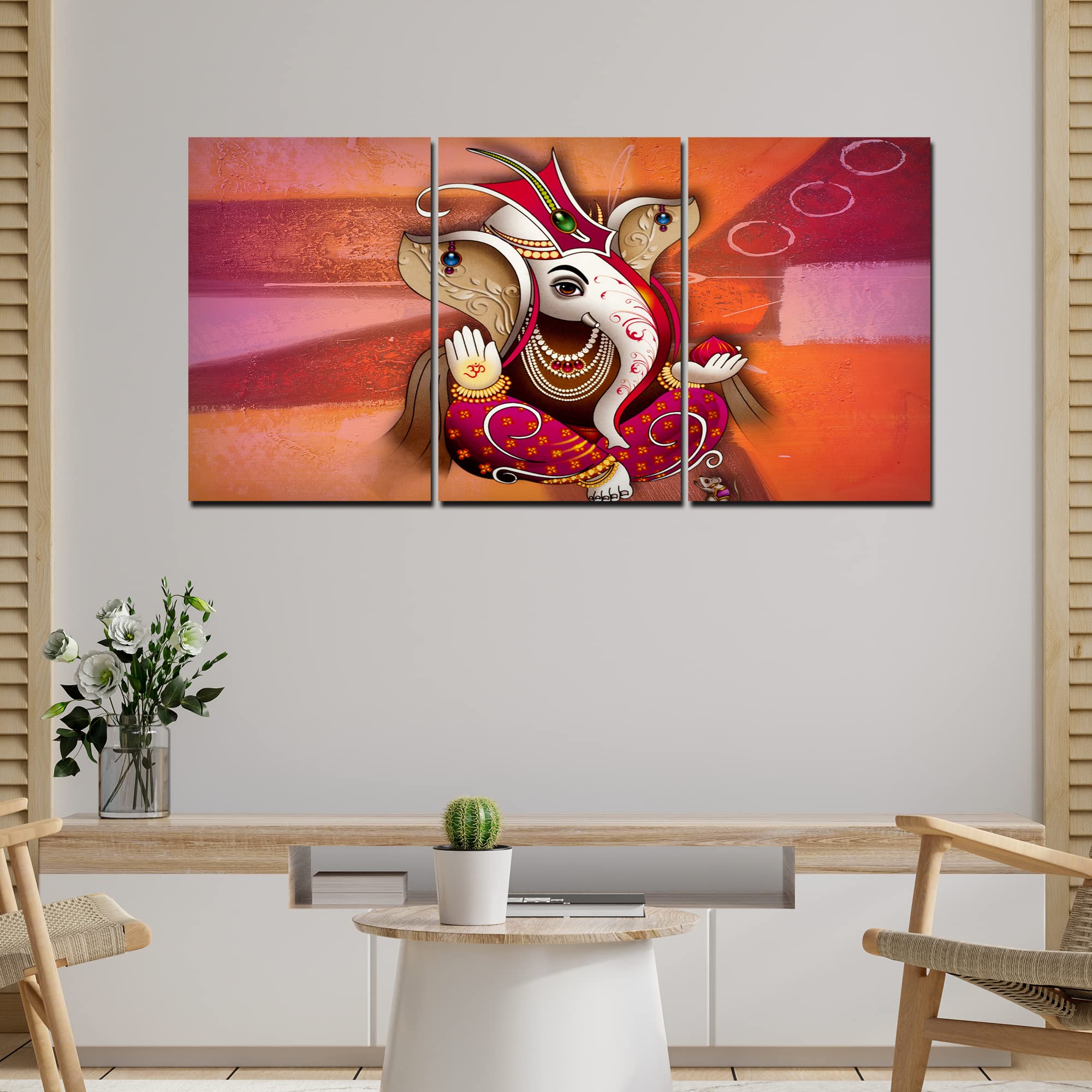 VIBECRAFTS 3 Pieces Beautiful Ganesh Canvas Wall Painting Fitted With Wooden Frame For Home | Office | Living Room | Gifts(PTVC3Pcs3_11513)