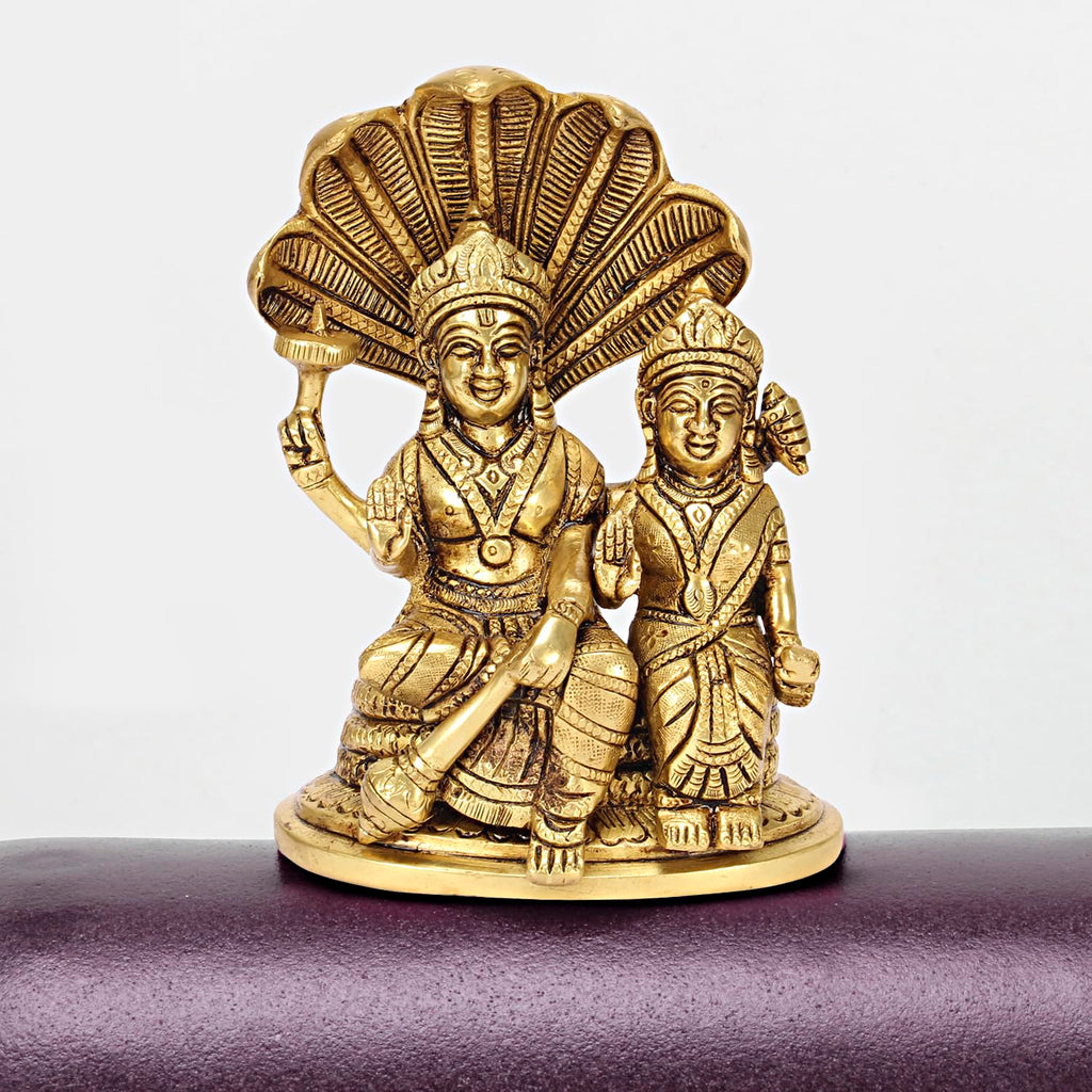 ARTVARKO Brass Vishnu Laxmi Sitting on Sheshnaag Murti Lord Bhagwan Vishnu Narayan Lakshmi Laxmi Statue for Home Decor Mandir Pooja Gift 6.5 Inch