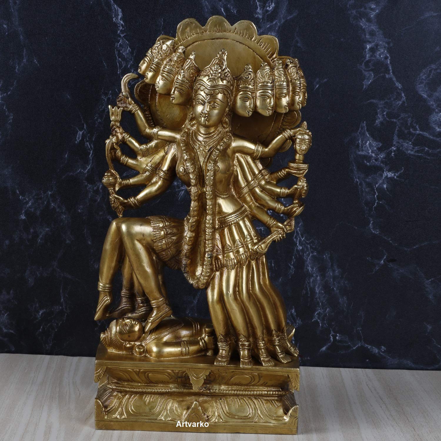 ARTVARKO Brass Kali Maa Murti | Maha Kali | Ten Faces Mahakali | Ten Legs Kalika Maa Brass Statue Sculpture Idol Murti Decor Height 13.5