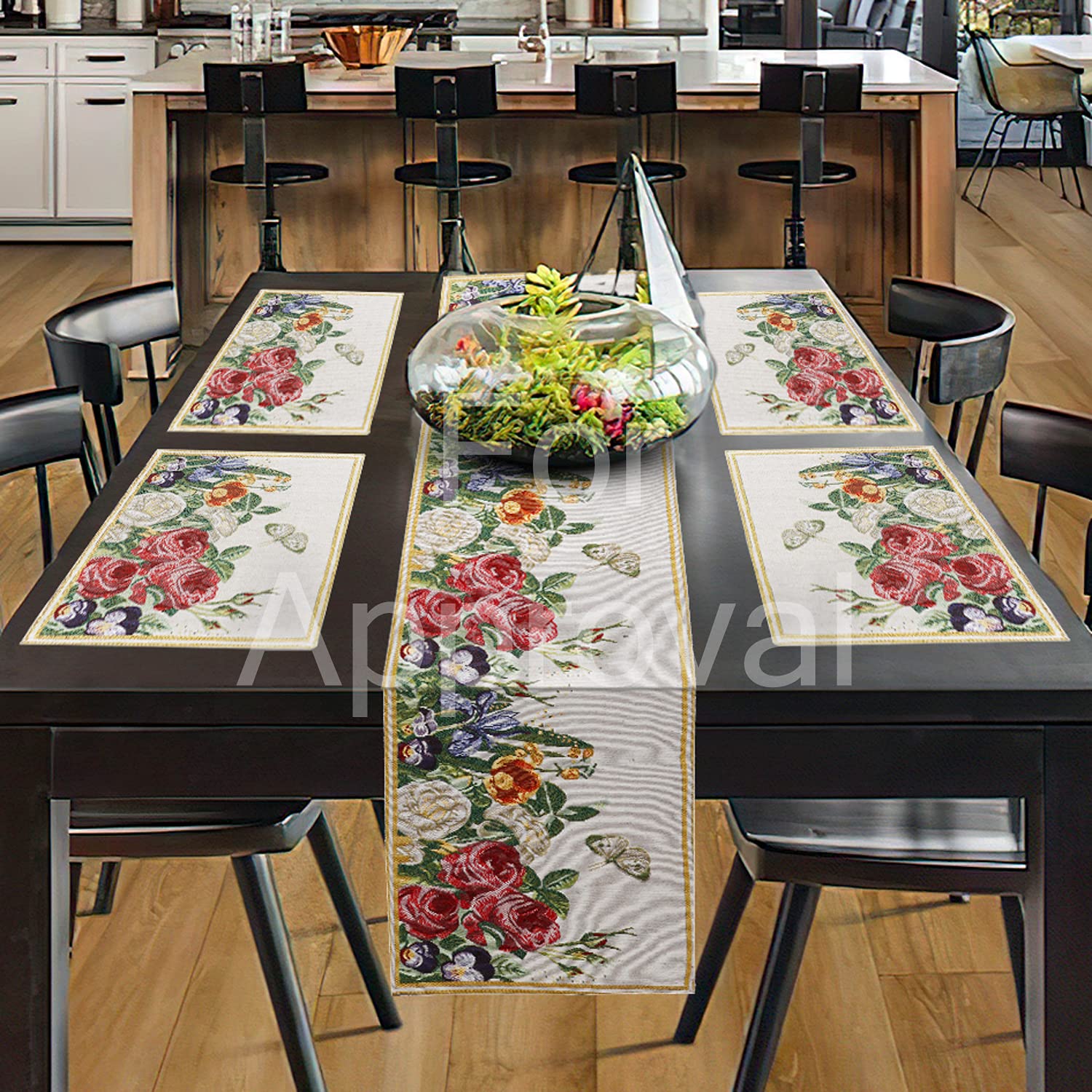 PRAKARTIK BY INDUARTS Rose Flower & Leaves Eco-Friendly Cotton Dining Table Mats with Runner – Reusable, Machine Washable, Everyday Use Red & Yellow Rectangular Placemats, Set of 4+180 cm Runner Kafalo