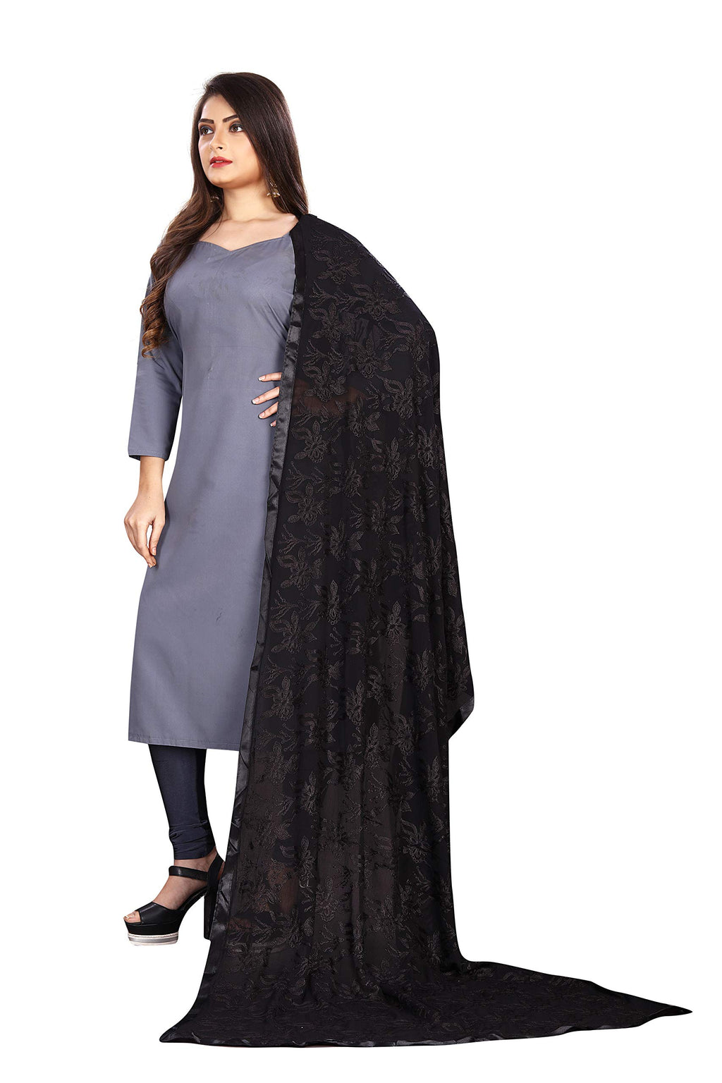 AKSHAR LLC Miss India Women's Chiffon Dupatta with Karachi Embroidery Work (black)