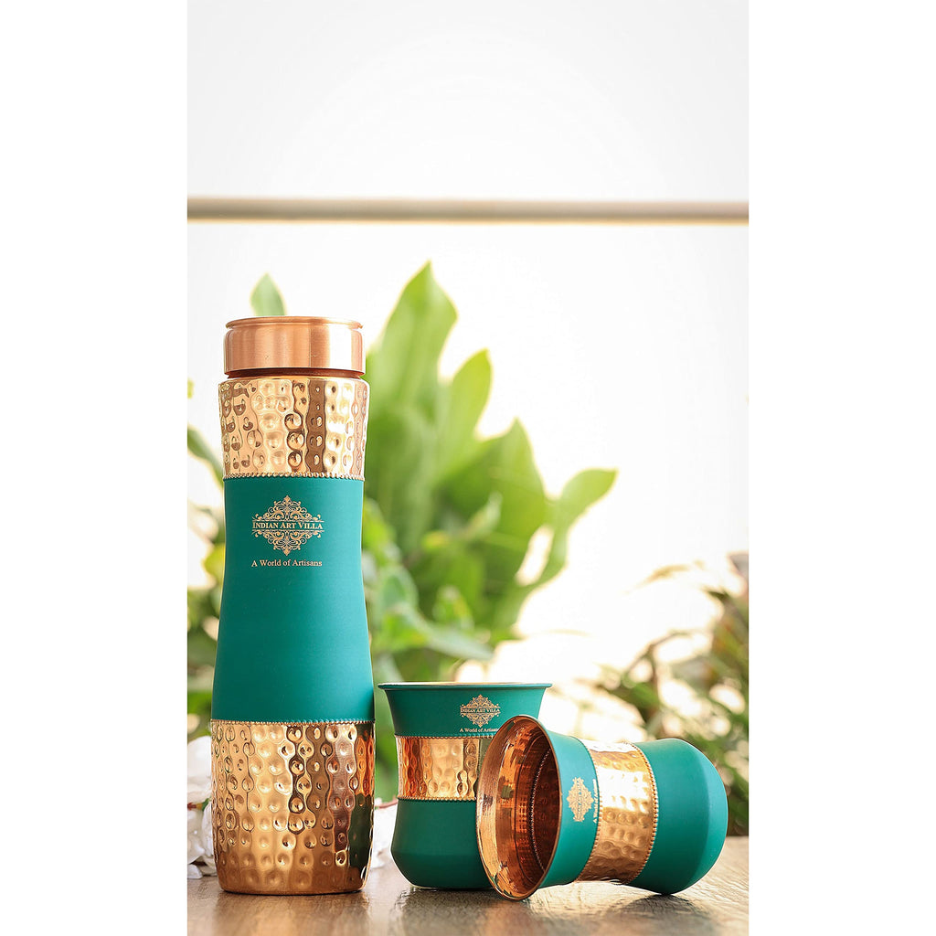 INDIAN ART VILLA Copper Drinkware in Green Silk Finish, Set of 2 Glass and 1 Bottle, Volume - Glass 300 ML, Bottle 1000 ML