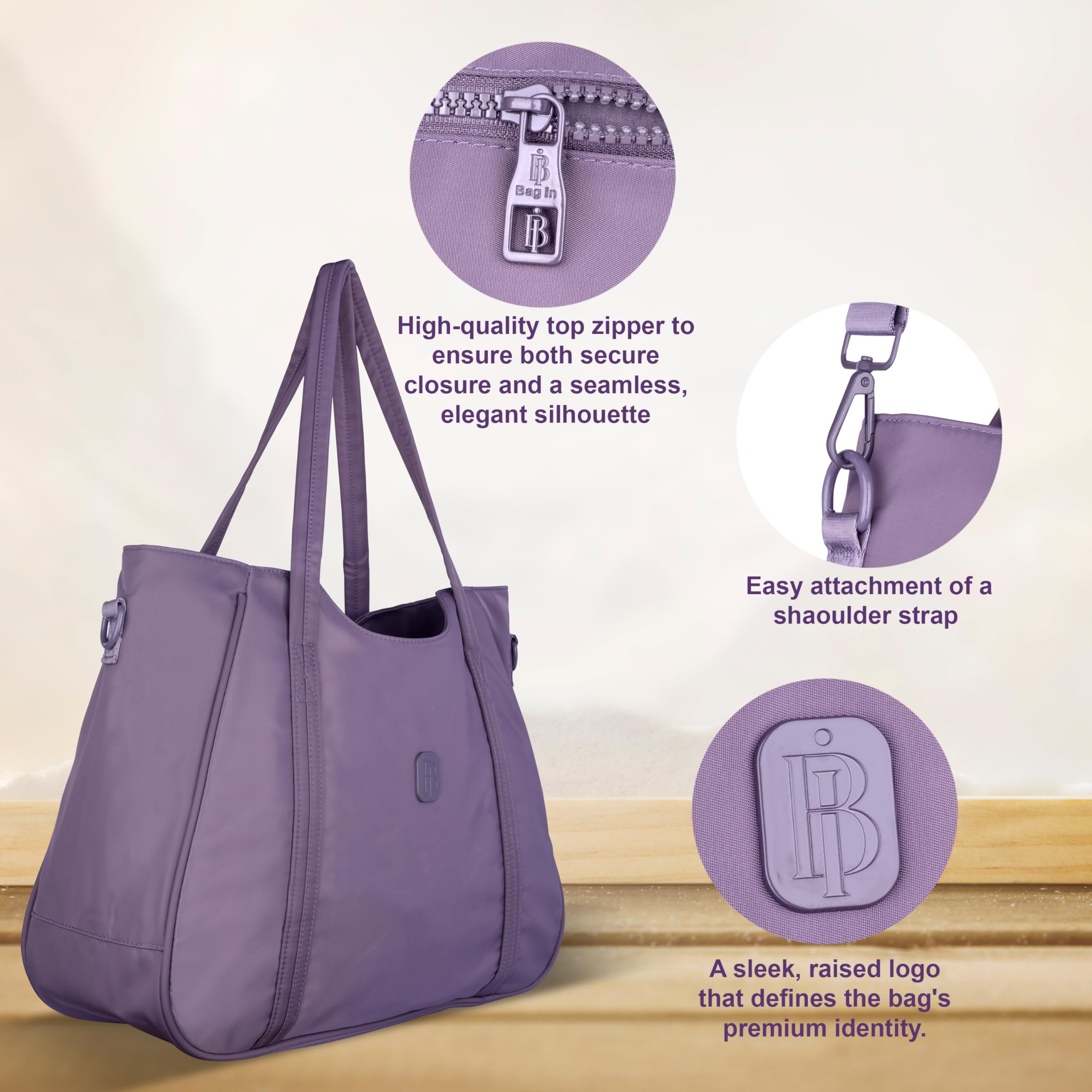 Women’s Tote Bag with Zipper & Adjustable Shoulder Strap – Lightweight Large Handbag for Work, Travel & Daily Use (PURPLE)