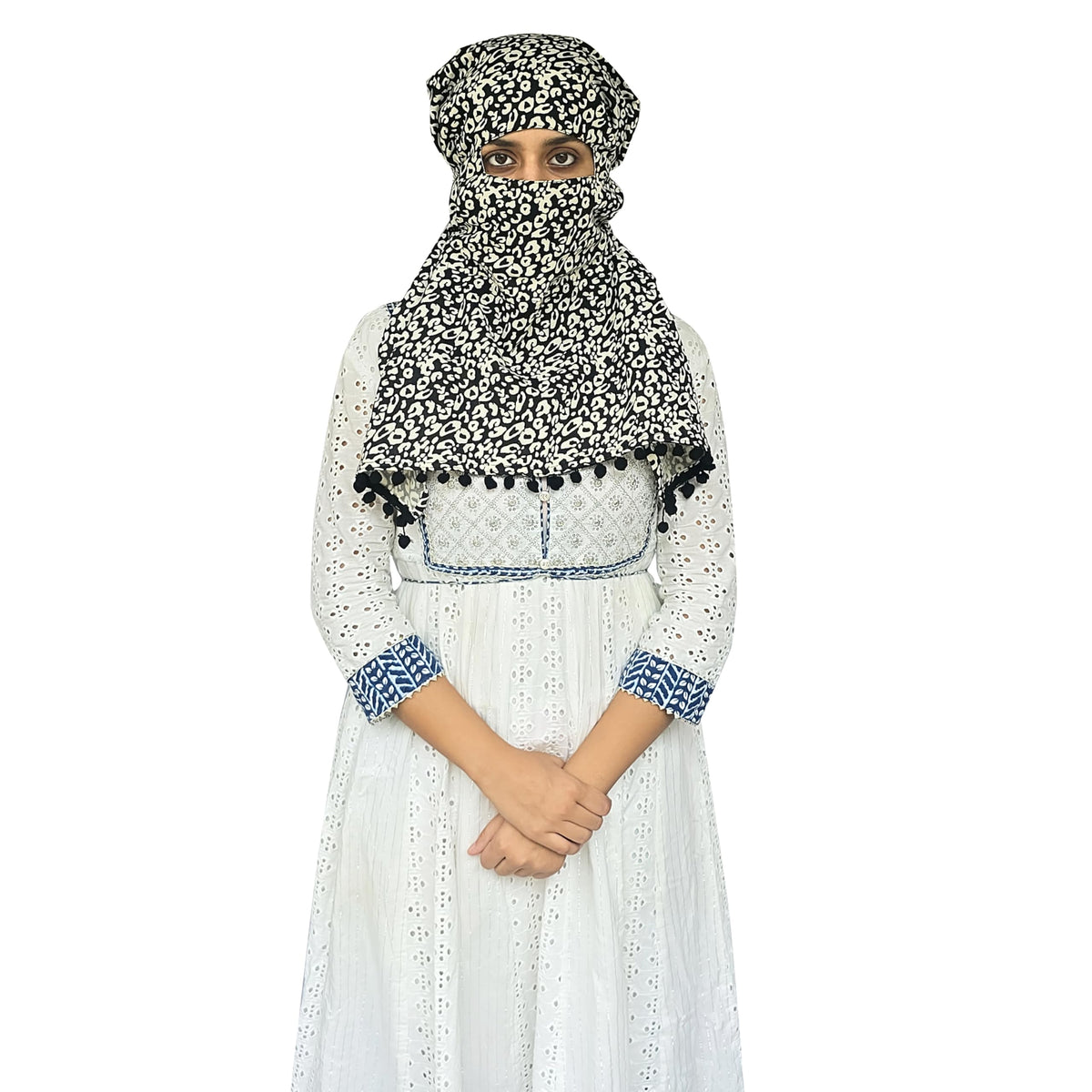 Switchon Scarf Hijab Rayon Printed fancy scarf for women Size Adjustable -Hook loop tape- For 10 yrs and above (Black_Off-white)