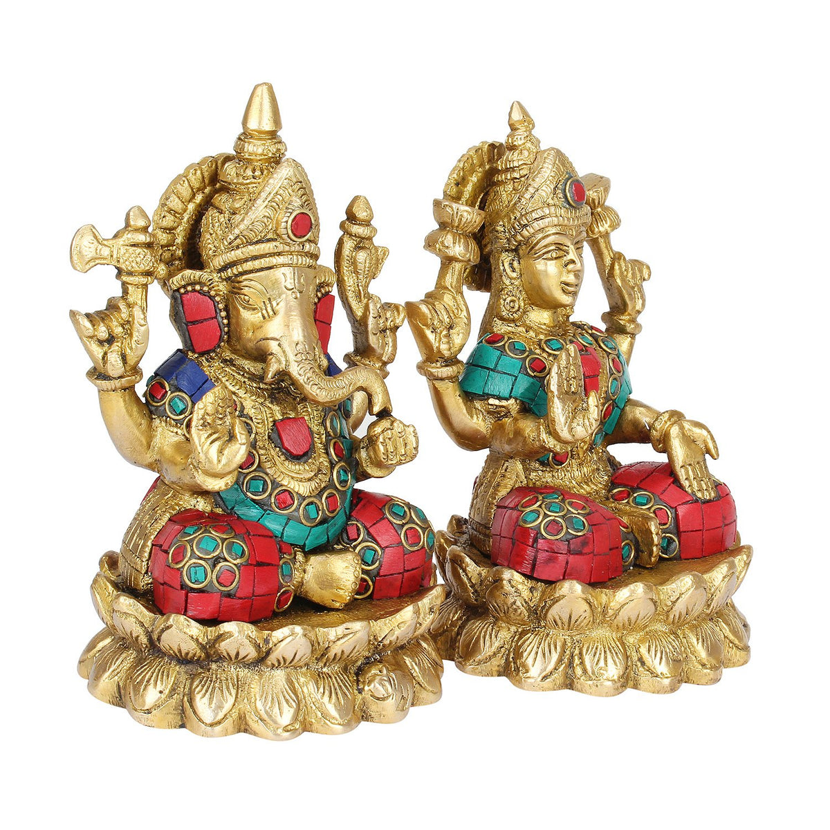 SVARUP Brass Lakshmi Ganesha Sitting on Lotus Laxmi Ganesh Idol for Diwali Pooja Home Decor (Height 5.5 inch Multicolor)