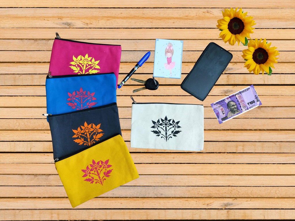 Baal Leela Hand Painted Sanjhi Cotton Canvas Pouch Bag - Multipurpose, Reusable, Eco-Friendly (Blue)
