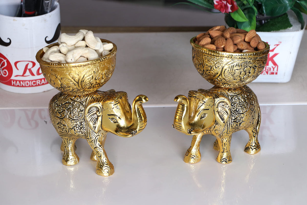 KridayKraft Metal Elephant Dry Fruit Bowl Showpiece Gold Polish for Your Home,Office Table Decorative,Elephant Showpiece Bowl Set (2 Pcs) for Gift,Animal Figurines...