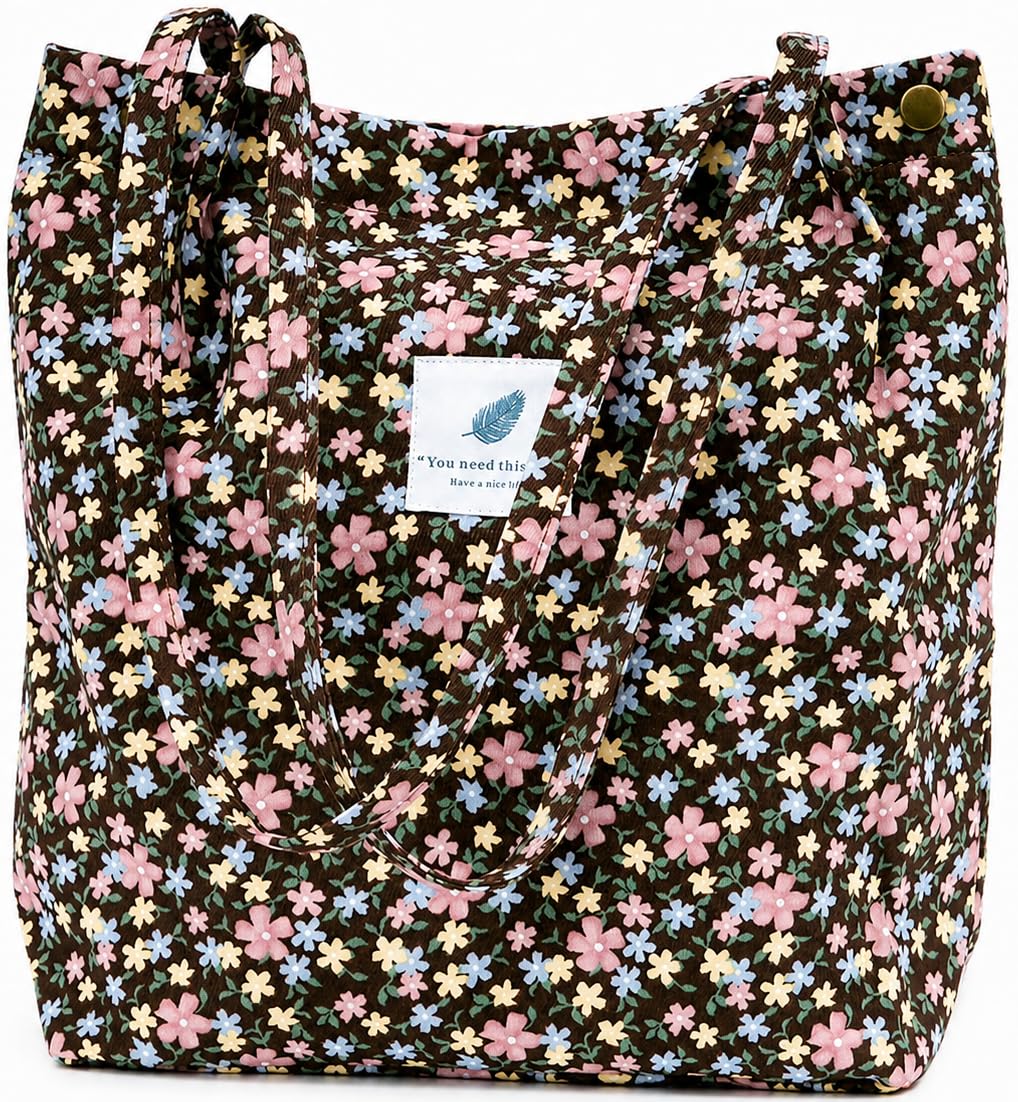 Lyrovo Women Corduroy Shoulder Tote Bag for Work Beach Travel and Shopping Grocery (Yellow Flower)