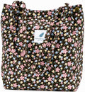 Lyrovo Women Corduroy Shoulder Tote Bag for Work Beach Travel and Shopping Grocery (Yellow Flower)