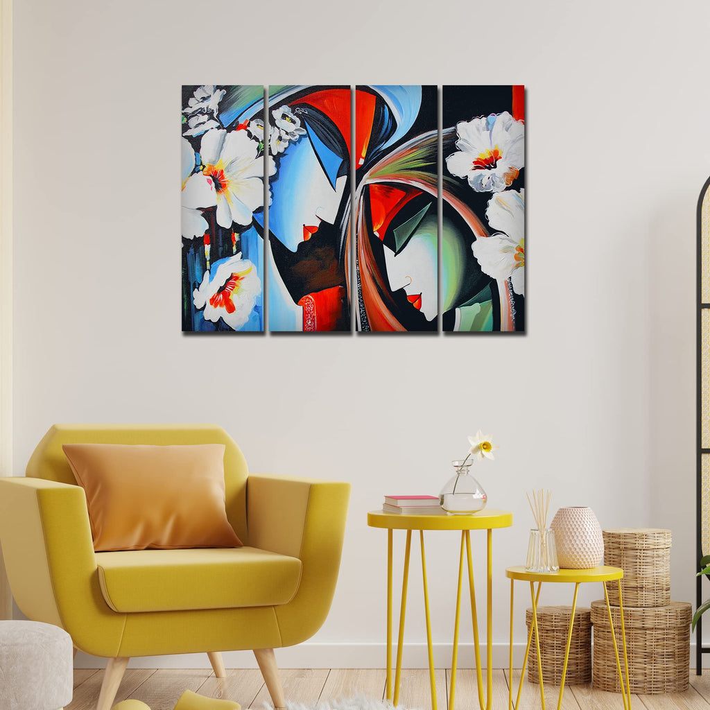 VIBECRAFTS Beautiful Radha Krishna 4 Pieces Canvas Wall Painting Fitted With Wooden Frame For Home | Office | Living Room | Gift (PTVC4Pcs1_13507)