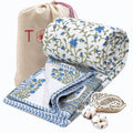 TOAIArt Premium Jaipuri Dohar | AC Blanket Summer Quilt | Hand Block Printed | 3 Layers | Reversible | 150GSM 100% Mulmul Cotton | 100% Cotton Flannel Filling | Queen 90 X 108 |White Blue Florals Kafalo