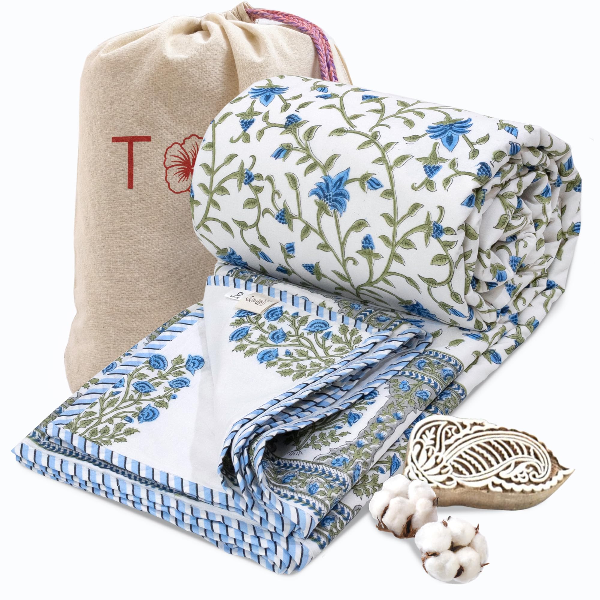 TOAIArt Premium Jaipuri Dohar | AC Blanket Summer Quilt | Hand Block Printed | 3 Layers | Reversible | 150GSM 100% Mulmul Cotton | 100% Cotton Flannel Filling | Queen 90 X 108 |White Blue Florals Kafalo