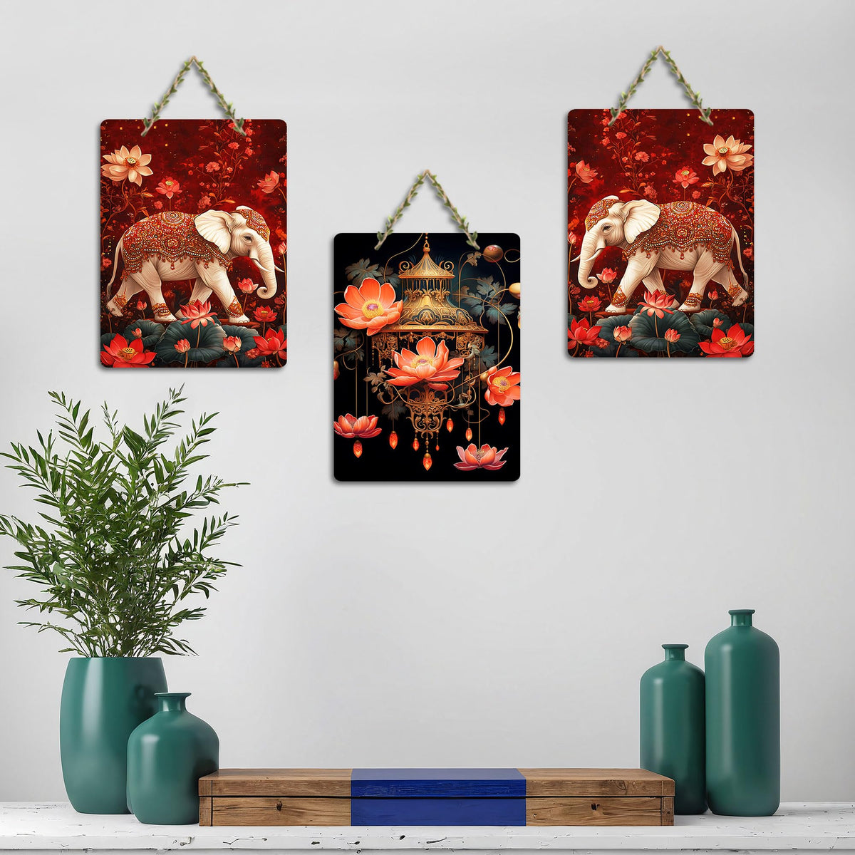Artvibes Royal Elephants Madhubani Art Home Decorative Wall Art MDF Wooden Wall Hanger for Home | Printed Wall Decoration | Graphic Artwork | Wall Poster | Sceneries | Gifts (WH_96144N), Set of 3