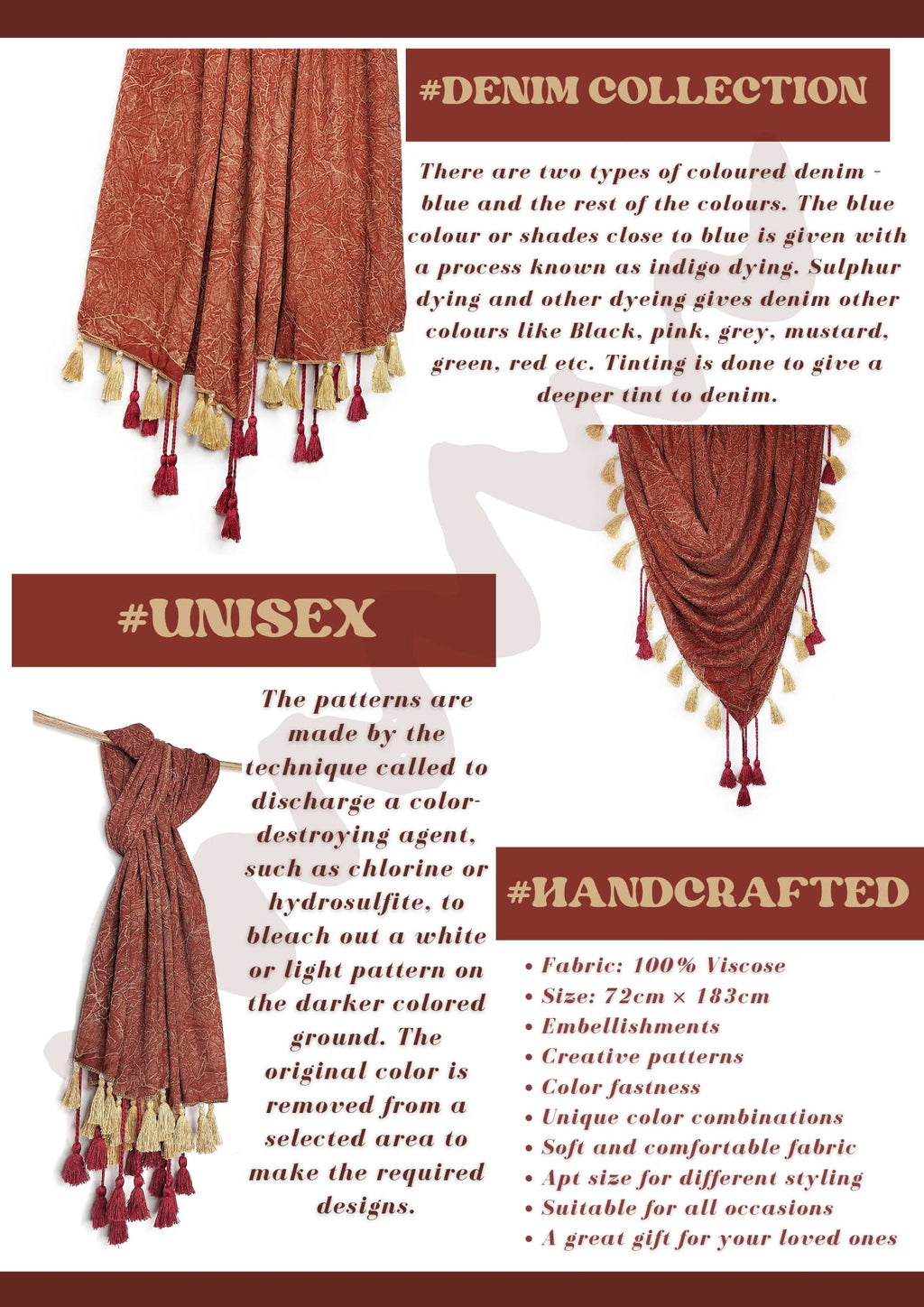 Chandwasia Rayon Design Trendy Stole Scarf Shawl | For Travel Casual Office Outdoor Styling | Rayon Fabric Printed Pattern Soft Texture Fringed Edges | Unisex Accessory For All Seasons - Rusty Red