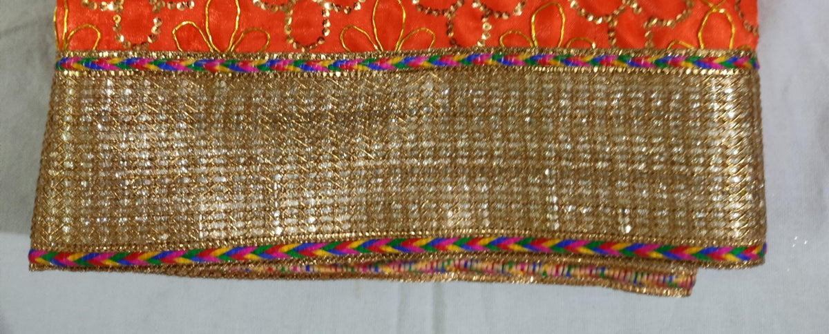 Lakshmi Maa Collection Rumala Double Set with Skin with 3D Orange & Golden Flowers with Golden Outline,Golden Gota & Designer (4 PEC.)