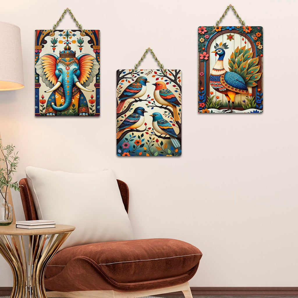 Artvibes Aesthetic Elephant With Birds & Floral Peacock Home Art For Wall Hanging | Garden Balcony| Stylish Modern Decor Item | Trendy Decor | Wall Illustrations | Gift Items (WH_9628N), Set of 3