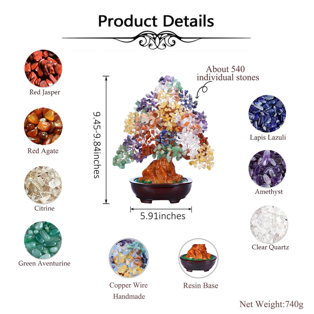 Top Plaza 7 Chakra Healing Crystal Money Tree 10 Inch Stone Bonsai Tree Feng Shui Good Luck Wealth Tree Decor Business Gift for Office Home Living Room