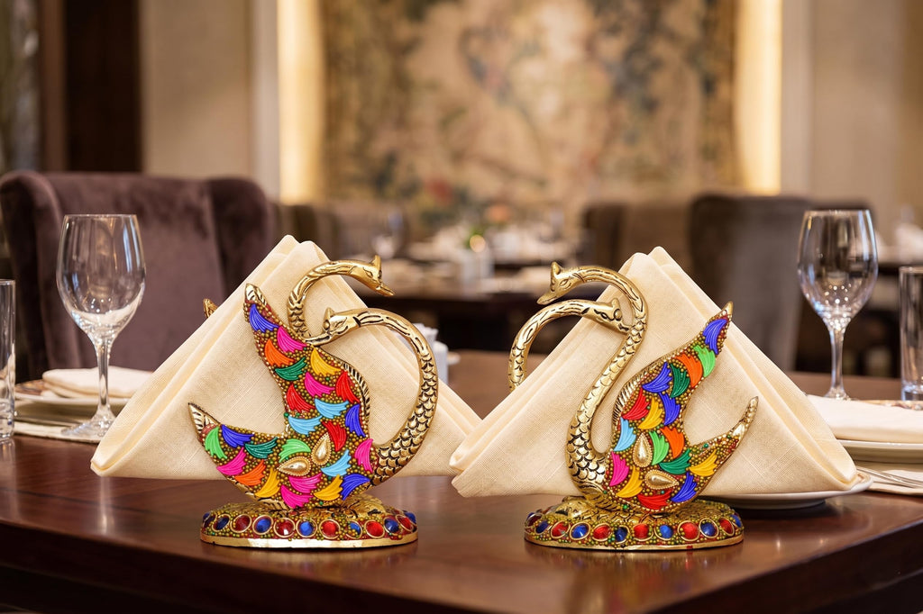 Kridaykraft Luxury Aluminium Metal Swan Tissue Holder Stand Pair | Decorative Meenakari Stone Work Napkin Organizer for Kitchen, Dining Room, and Gifting | Royal Golden Finish (Pack of 2)