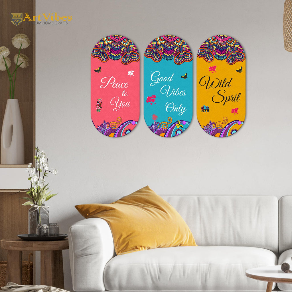 Artvibes Positive Quote Wooden Wall Hanging Decoration Items for Home | Gifts | Bedroom | Wooden Wall Hanger | Mdf Wall Decoration for Living Room | Artworks | Modern Decor Items (WH_9010N), Set of 3