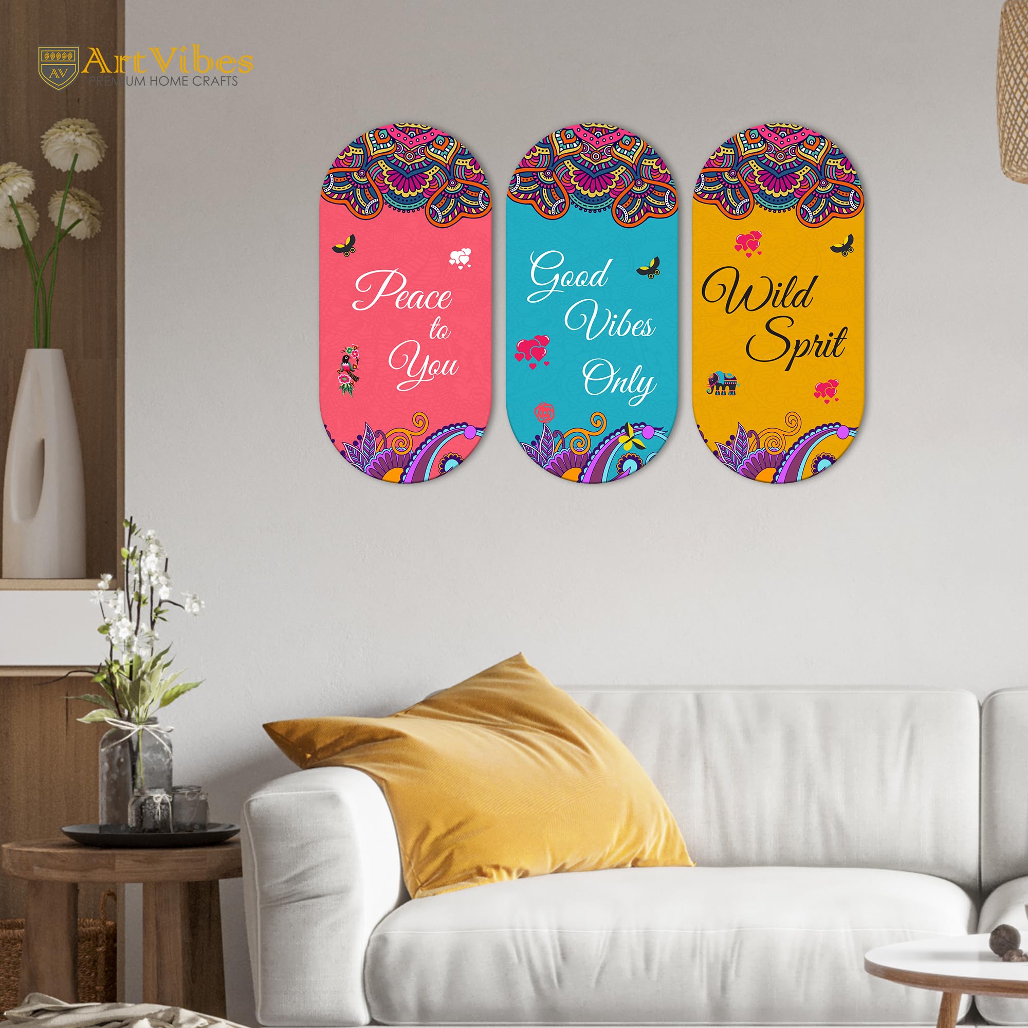 Artvibes Positive Quote Wooden Wall Hanging Decoration Items for Home | Gifts | Bedroom | Wooden Wall Hanger | Mdf Wall Decoration for Living Room | Artworks | Modern Decor Items (WH_9010N), Set of 3