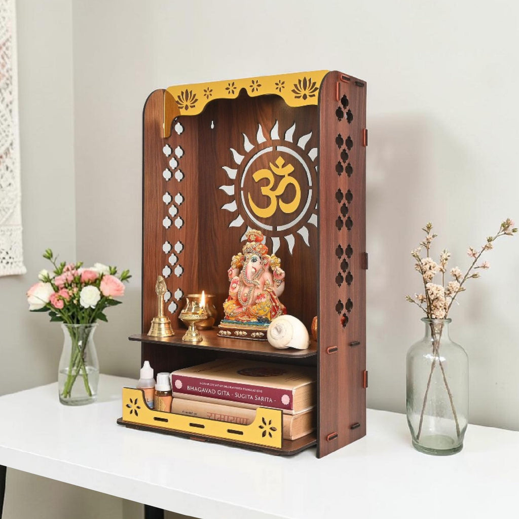 Gift Kya De Divya Om Beautiful Wooden Pooja Stand for Home, Temple, Office, Wall Mounted Puja Mandir with LED Light, Home Temple, Wooden Mandir for Home Decor, Size (H-20, L-12, W-8 Inch)