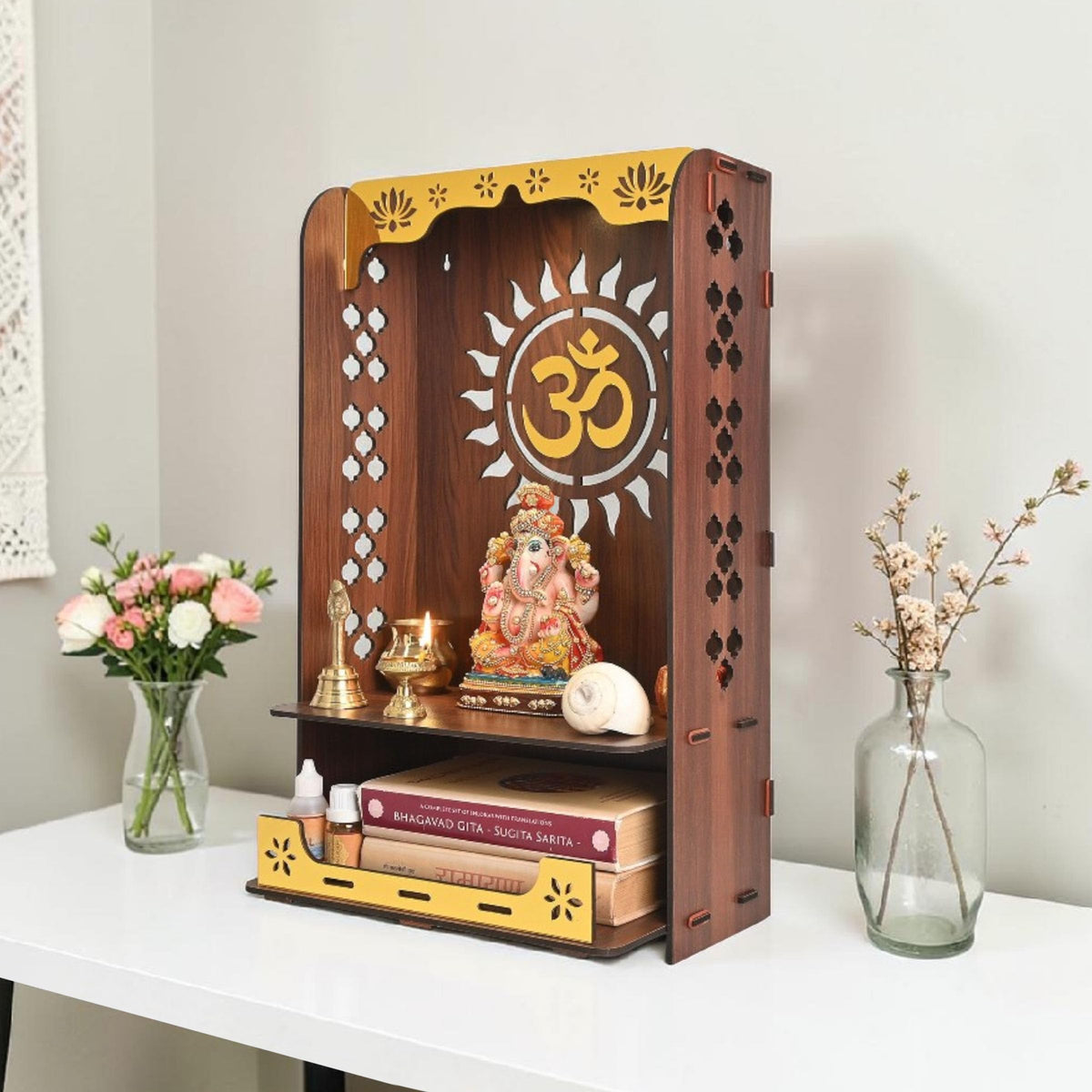 Gift Kya De Divya Om Beautiful Wooden Pooja Stand for Home, Temple, Office, Wall Mounted Puja Mandir with LED Light, Home Temple, Wooden Mandir for Home Decor, Size (H-20, L-12, W-8 Inch)