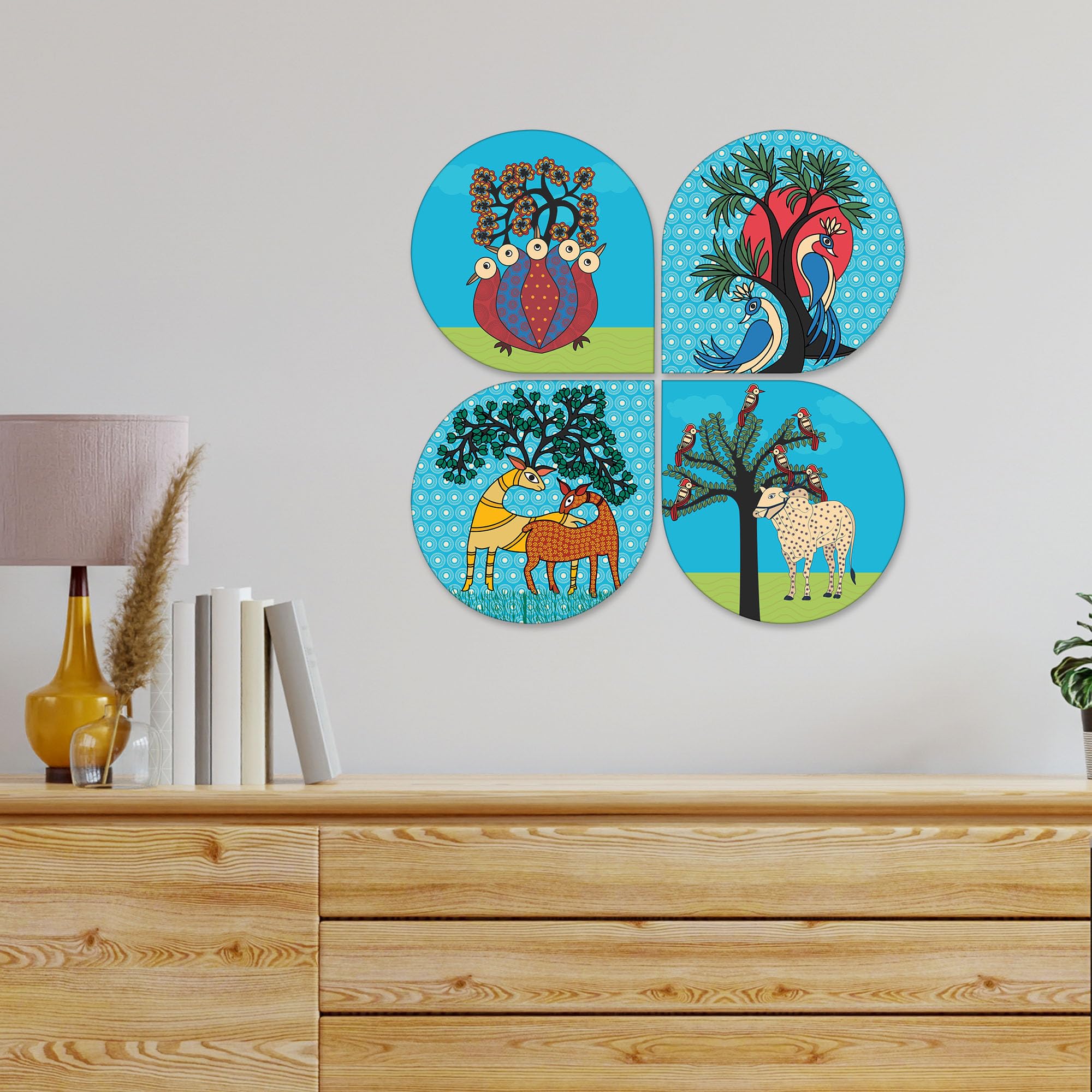 Artvibes Folk Art Decorative Wall Hanging Ornaments | Modern Decoration Items | Living Room | Bedroom | Office | Art Print | Aesthetic Wooden Decor | Handcrafted Art | Ideal Gifts (WH_8428N), Set of 4