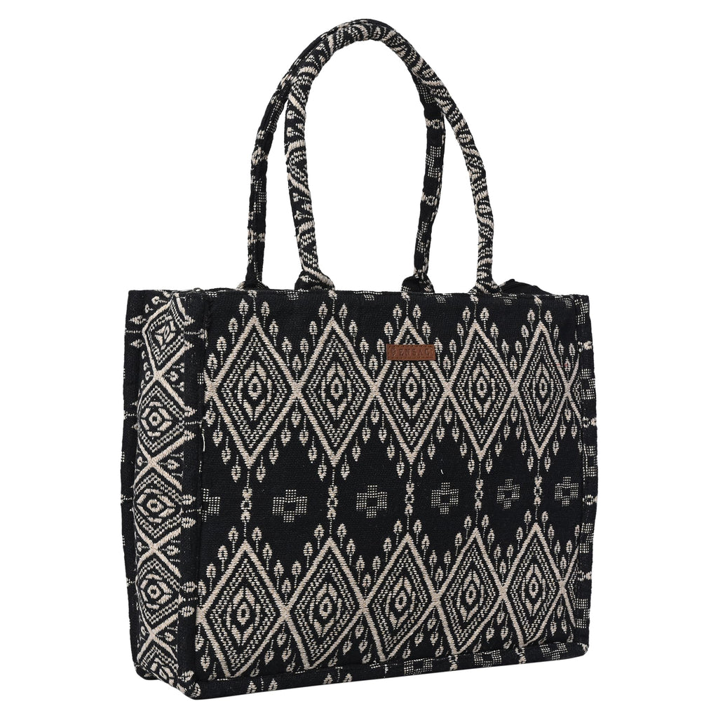 ENSAC Premium Cotton Tote Bag for Women, Stylish Handbag for women with Zip Closure | Fit for Office Bag, College, Travel Use | Handcrafted in India (Cutwork-tote-big) (BURFI-BLACK)