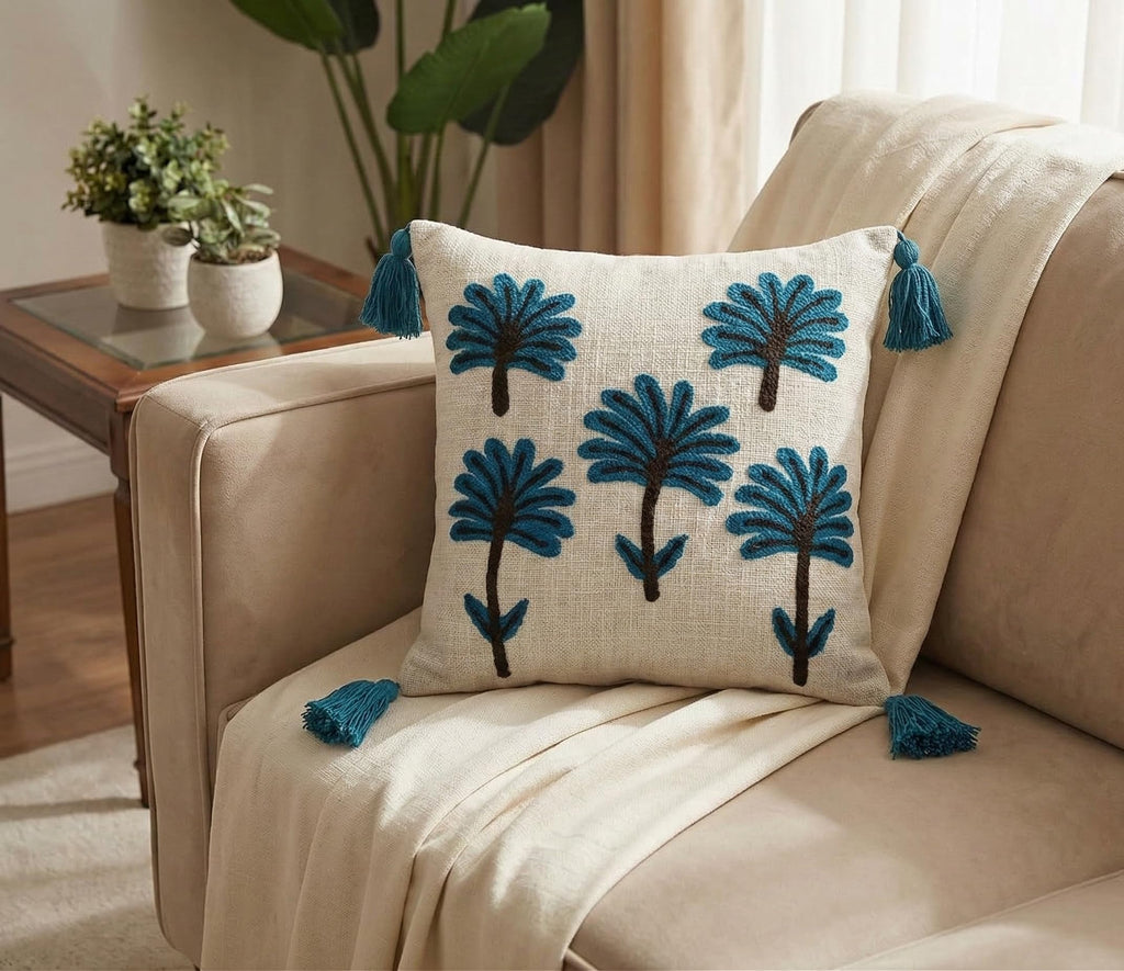 Furnistitchs Handmade Tufted Boho Cushion Covers 12x12 Inches | Embroidered Sofa Pillow Cases | Rustic Bohemian Decorative Throw Cushions for Couch Bedroom Living Room (5, Navy Palms)