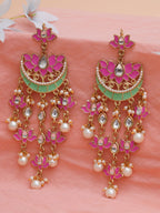 Karatcart Gold Plated Pink Meena Lotus Design Kundan Dangler Earrings for Women (color may slightly vary due to photographic effect)