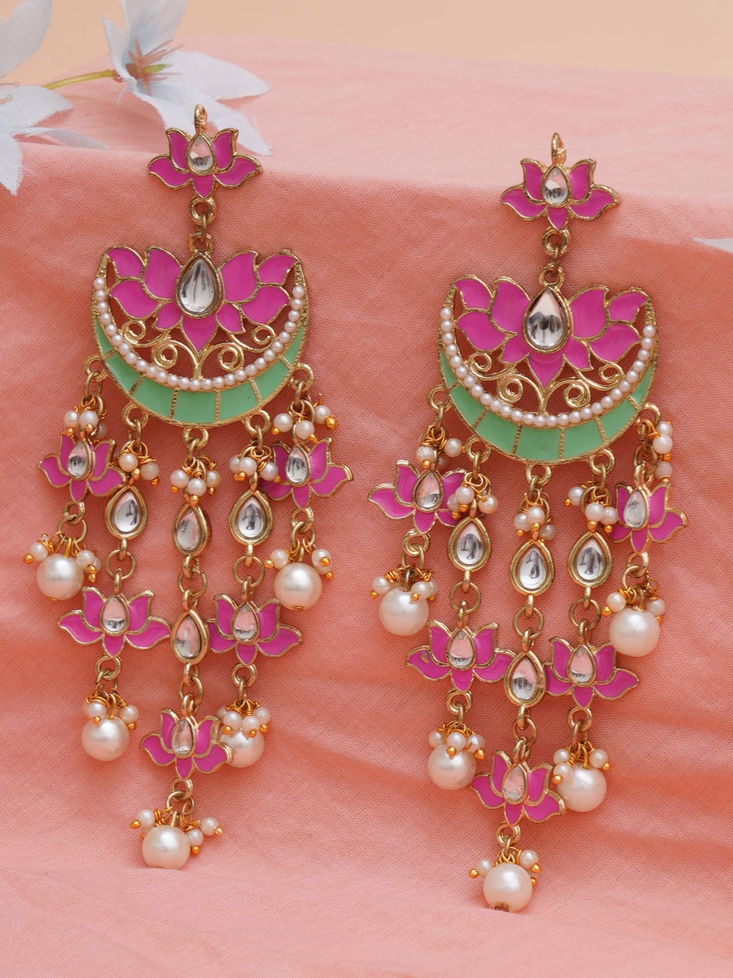 Karatcart Gold Plated Pink Meena Lotus Design Kundan Dangler Earrings for Women (color may slightly vary due to photographic effect)