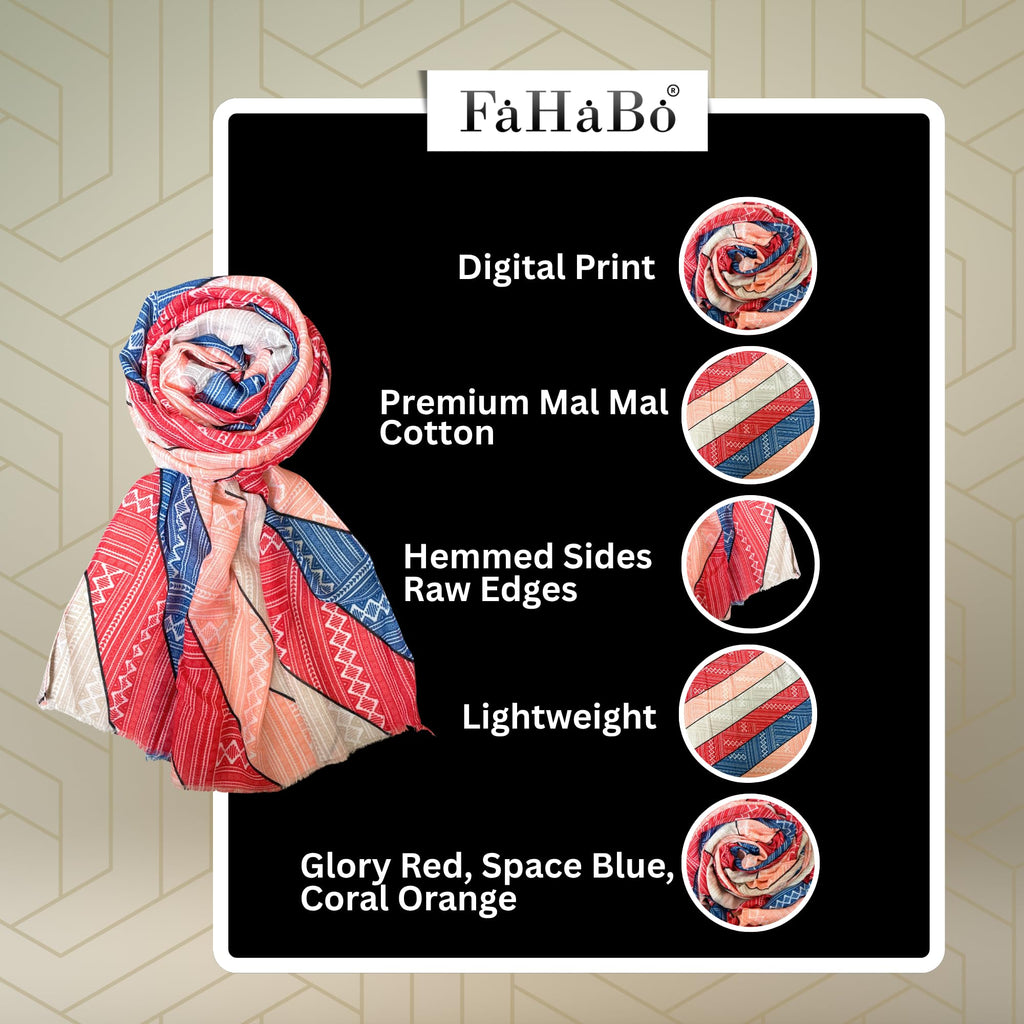 FAHABO Digital Print Mal Mal Cotton Scarf for Women – Soft, Lightweight Hijab, Head & Neck Wrap | Stylish Fashion Scarf (Glory Red, Space Blue, Coral Orange)