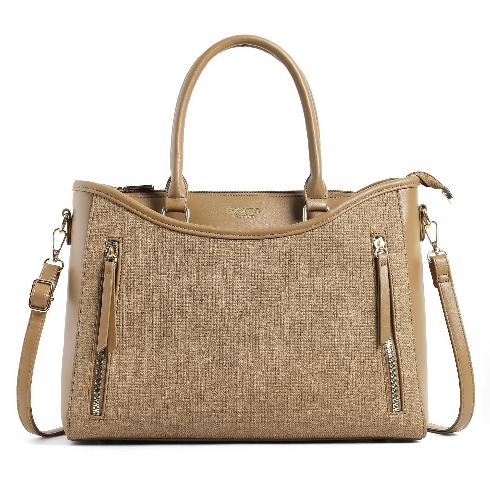 EXOTIC Alvara Tote Bag for Women | Multi-Compartment Handbag with Laptop Space, Front Zip Pockets & Luggage Sleeve | Premium PU Leatherette Work & Travel Tote (Brown)