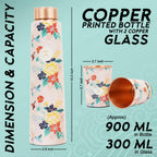 MERCAPE® Pure Copper Water Bottle Gift Set with 2 Copper Glasses (300 ml Each) | Floral Meena Print Design | Leak Resistant Screw Cap | Reusable Copper Drinkware Set | 900 ml