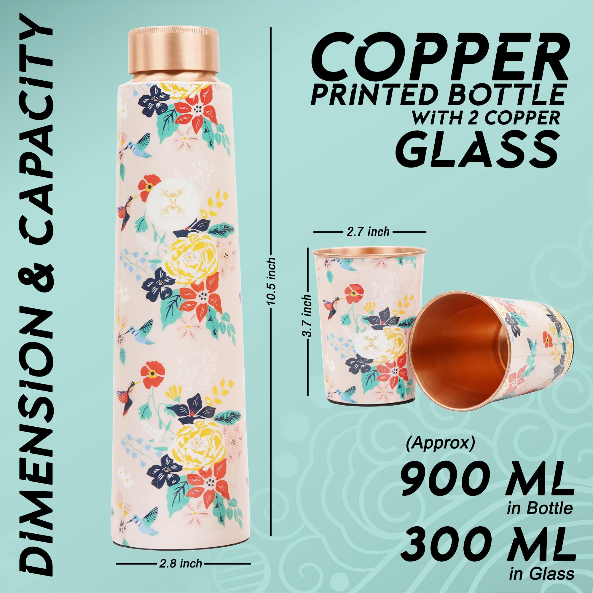 MERCAPE® Pure Copper Water Bottle Gift Set with 2 Copper Glasses (300 ml Each) | Floral Meena Print Design | Leak Resistant Screw Cap | Reusable Copper Drinkware Set | 900 ml