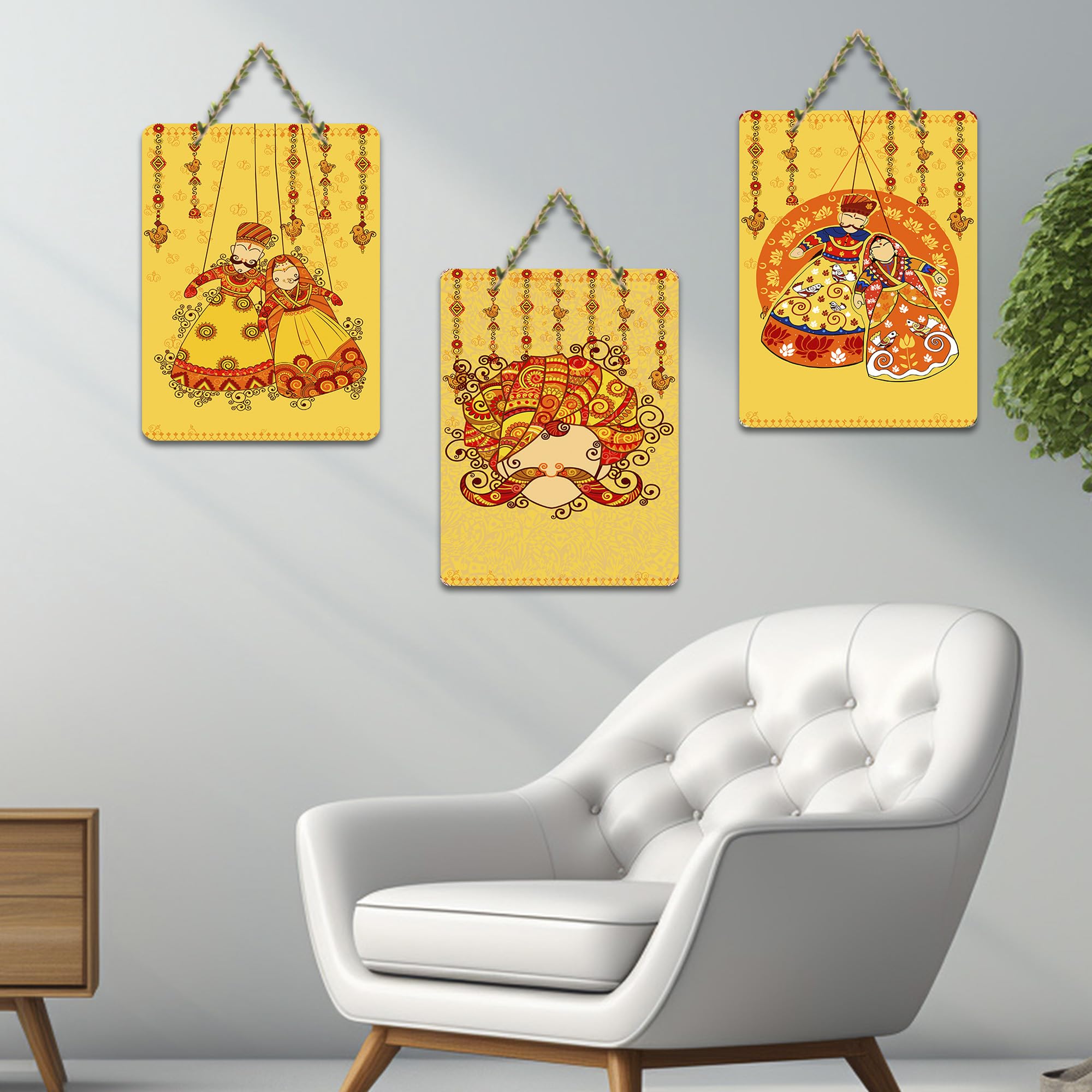 Artvibes Rajasthani Puppet Kathputli Artwork Decorative MDF Wooden Wall Art for Home | Room Decoration | Handcrafted Art | Wall Illustrations | Artworks Hangings | Gift Items (WH_96135N), Set of 3